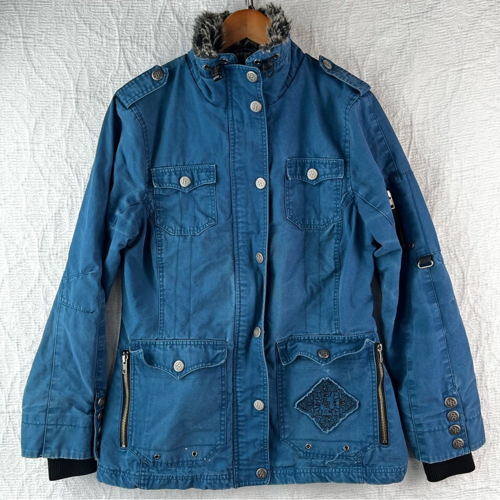 Powder River Outfitters Panhandle Slim Western Chore Coat Women M Blue Faux Fur